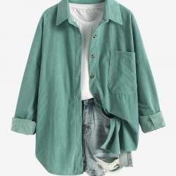 Women's Daily Solid Color Single Breasted Front Pocket Corduroy Shirt Jacket Shacket