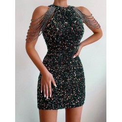 Sequined Chain Beads Bodycon Party Vegas Dress