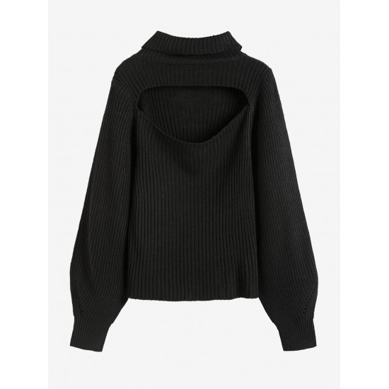 Women's Turtleneck Cut Out Lantern Sleeves Solid Color Chunky Pullover Sweater